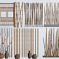 Handcrafted Bamboo Garden Ornaments with Decorative Fences Sticks Woven Baskets and Clay Pots