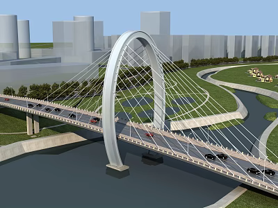 Modern Arch Bridge With Vehicles Over River In City Green Landscape 3d model