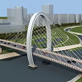 Modern Arch Bridge With Vehicles Over River In City Green Landscape