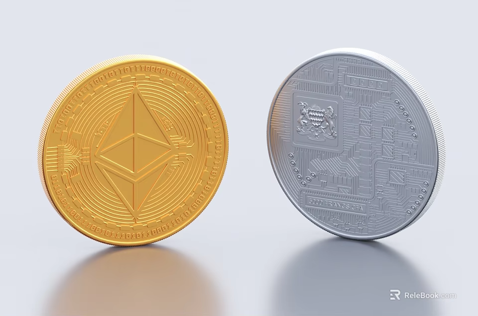 Gold And Silver Physical Cryptocurrency Coins Featuring Ethereum Bitcoin Logos 3d model 