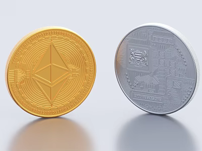 Gold And Silver Physical Cryptocurrency Coins Featuring Ethereum Bitcoin Logos 3d model