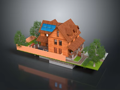 Cartoon Scene of Wooden House With Brown Roof Solar Panels And Surrounding Trees 3d model
