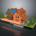 Cartoon Scene of Wooden House With Brown Roof Solar Panels And Surrounding Trees