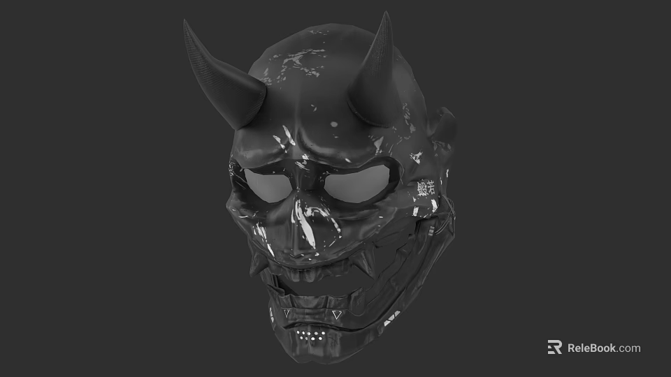 Intricate Black Skull Mask Sculpture with Horns and Detailed Carvings 3d model 