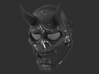 Intricate Black Skull Mask Sculpture with Horns and Detailed Carvings 3d model