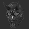 Intricate Black Skull Mask Sculpture with Horns and Detailed Carvings