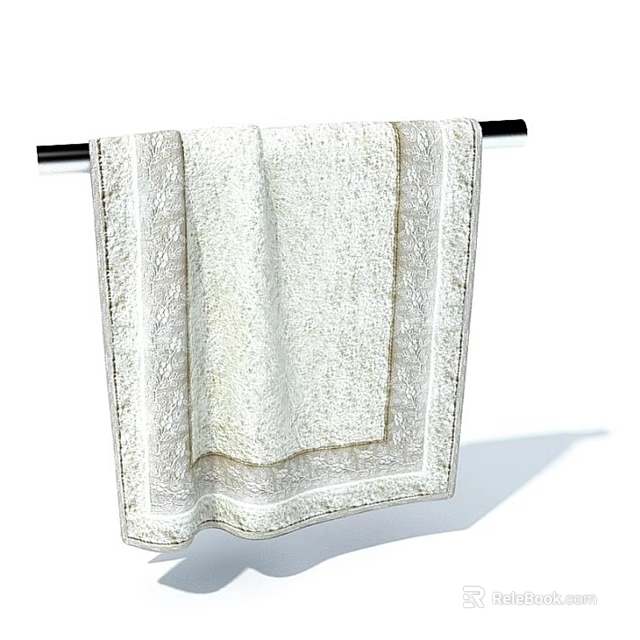 Soft White Home Living Bathroom Towel Hanging On Black Rod With Absorbent Texture 3d model 