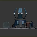 Futuristic Sci Fi Building Exterior With Blue Circular Base Antenna And Red Equipment
