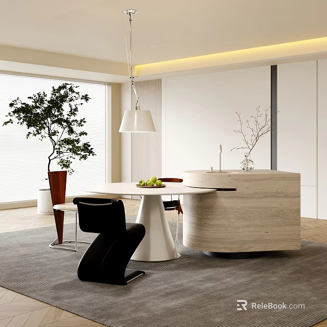 Modern Restaurant Interior Design With Round Dining Table Black Chairs Pendant Light And Green Plant 3d model 