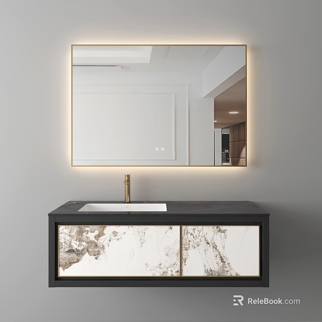 Modern Bathroom Vanity With Lighted Mirror Gold Faucet Black Countertop And Marble Pattern Doors 3d model 