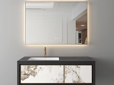 Modern Bathroom Vanity With Lighted Mirror Gold Faucet Black Countertop And Marble Pattern Doors 3d model