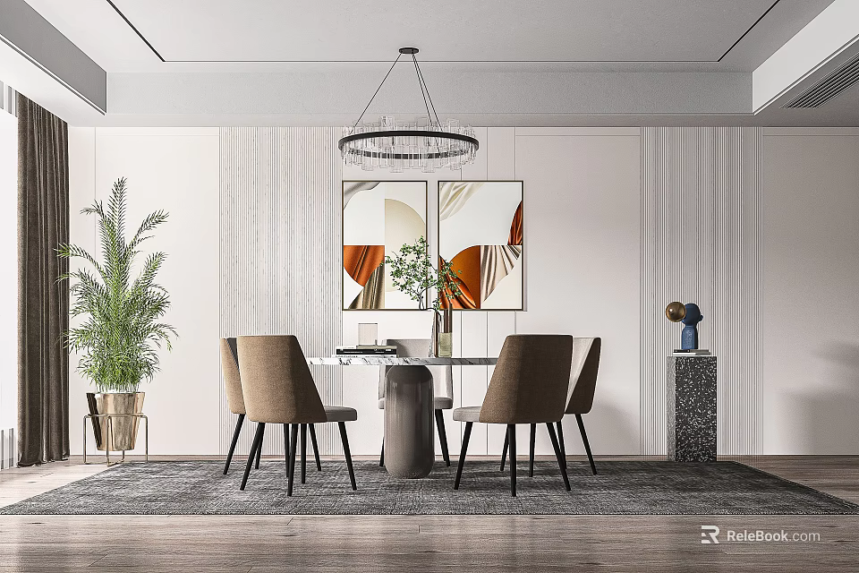 Modern Dining Table Set With Round Table Chairs Chandelier And Wall Art 3d model