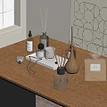 Perfume Cosmetics Display on Wooden Table with Fragrance Diffusers Candles Bottles Window Blinds and Geometric Art