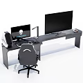 Modern Functional Desk With Dual Monitors Keyboard Mouse Desk Lamp Office Chair And Coffee Cup