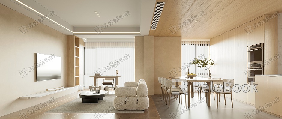 Jiji Guest Restaurant Cream Home Guest Restaurant Living Room Sofa Coffee Table Combination Open Kitchen Restaurant Dining Table and Chair Combination TV Background Wall Glass Brick Partition model