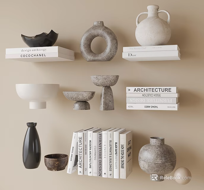 Minimalist Modern Decorative Ornament Set With Vases Bowls Books And Sculptures On Shelf 3d model 