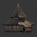 Cute Cartoon Scene of Traditional Two Story Building with Thatched Roof and Wooden Red Decorations