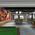 Billiard Room Interior Design With Green Felt Tables Orange Seating And Ceiling Lights
