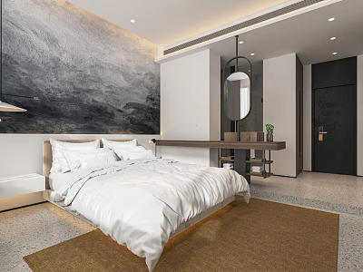 Modern Minimalist Hotel Guest Room With White Bed Gray Landscape Wall And Wooden Dressing Table 3d model