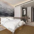 Modern Minimalist Hotel Guest Room With White Bed Gray Landscape Wall And Wooden Dressing Table