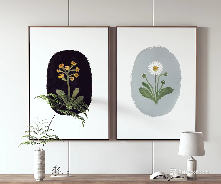 Botanical Paintings with Yellow Flowers White Daisy Black Light Blue Background Black Framed Home Decor 3d model 