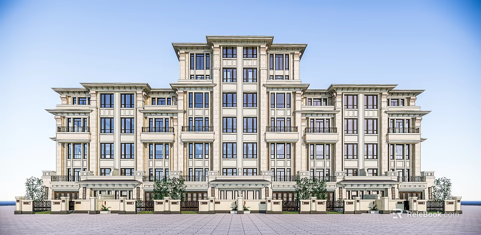 Classical Multistory Building With Symmetrical Design Light Colored Facade Multiple Windows Paved Square And Trees 3d model 