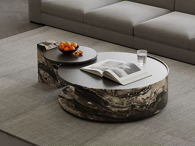Modern Round Marble Coffee Table With Open Book Glass Of Water And Fruit Tray 3d model