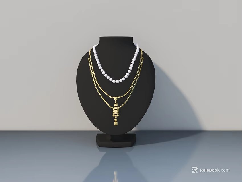 Elegant Multiple Necklaces On Black Display Stand With Pearl And Gold Key Pendant 3d model 