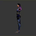 3D Female Character With Blue Outfit Purple Pink Hair And Tattoo In Open Arms Pose