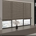 Light Brown Wooden Window Blinds In Modern Interior With City View And Vase
