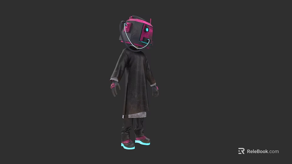 Man In Futuristic Pink And Black Helmet With Dark Robe And Glowing Shoes 3d model 