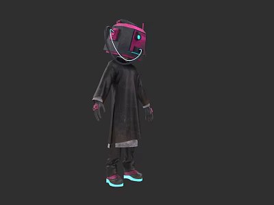 Man In Futuristic Pink And Black Helmet With Dark Robe And Glowing Shoes 3d model
