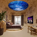 Hotel Room Interior With Starry Sky Ceiling Earthy Walls Bed TV And Green Plants