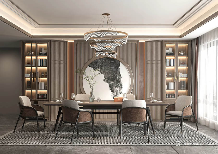 Chinese Style Restaurant Interior With Round Table Wooden Chairs And Hanging Lamp 3d model 