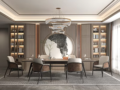 Chinese Style Restaurant Interior With Round Table Wooden Chairs And Hanging Lamp 3d model