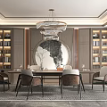 Chinese Style Restaurant Interior With Round Table Wooden Chairs And Hanging Lamp