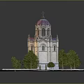 Cartoon Style Church Scene With Domed Roof Cross And Surrounding Trees On Square Base Platform