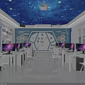 School Technology Classroom With Blue Starry Sky Ceiling Projector Bookshelves Computers and White Desks Chairs