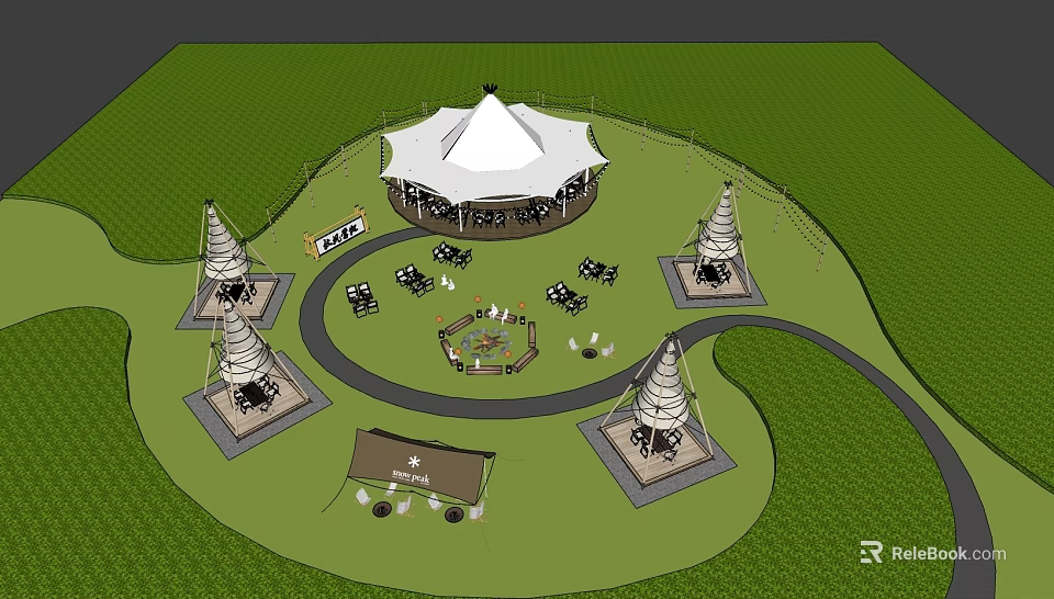 Scenic Outdoor Campsite With Central Large Tent And Surrounding Small Cone Tents Green Grass Area 3d model 