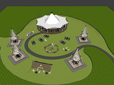 Scenic Outdoor Campsite With Central Large Tent And Surrounding Small Cone Tents Green Grass Area 3d model