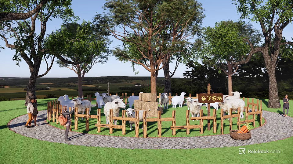 Sheep Grazing In Family Pasture With Wooden Fence Green Trees And Grass 3d model 