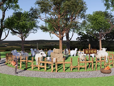 Sheep Grazing In Family Pasture With Wooden Fence Green Trees And Grass 3d model