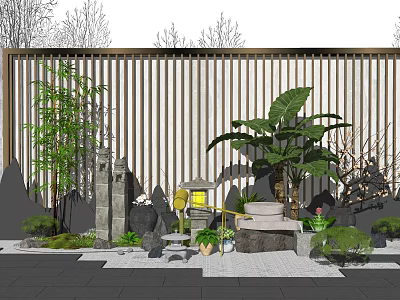 Dry Landscape Garden Design With Bamboo Screen Stones Lantern And Green Plants 3d model