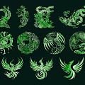Green Dragon Phoenix Pattern Pendants With Different Shapes Round And Wing Designs 3d model