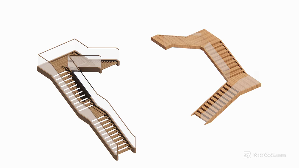 Modern Wooden Staircase Design With Open Structure And Handrail Details 3d model 