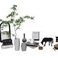 Stylish Decorative Ornament Set with Green Plant Vases Calendar Clock Horse Figurine and Wooden Bowl