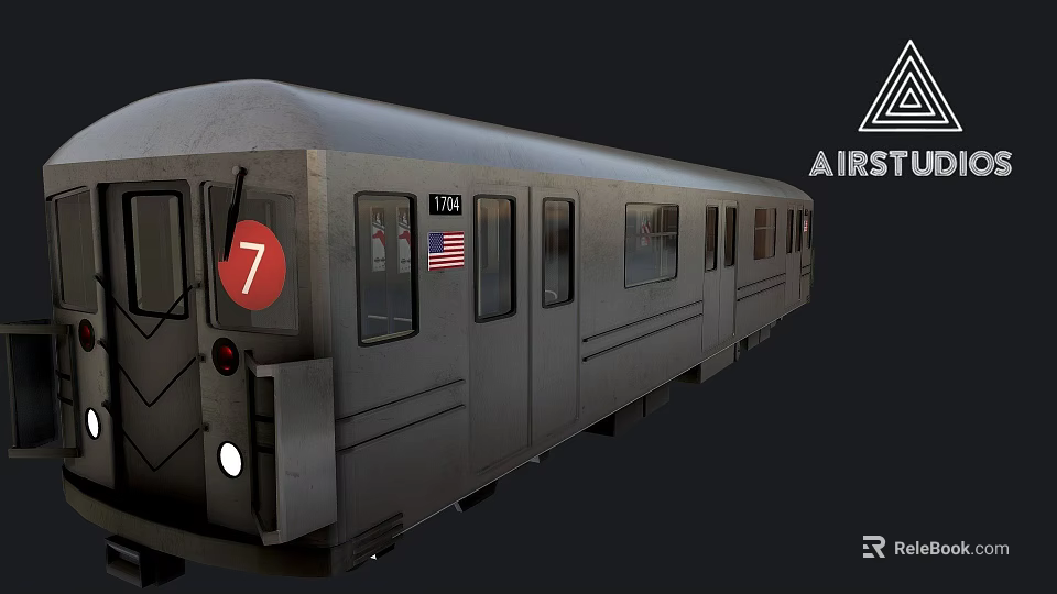 Silver Subway Train With Number 7 American Flag And Car 175 Exterior Details 3d model 