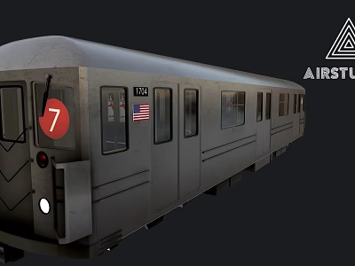 Silver Subway Train With Number 7 American Flag And Car 175 Exterior Details 3d model