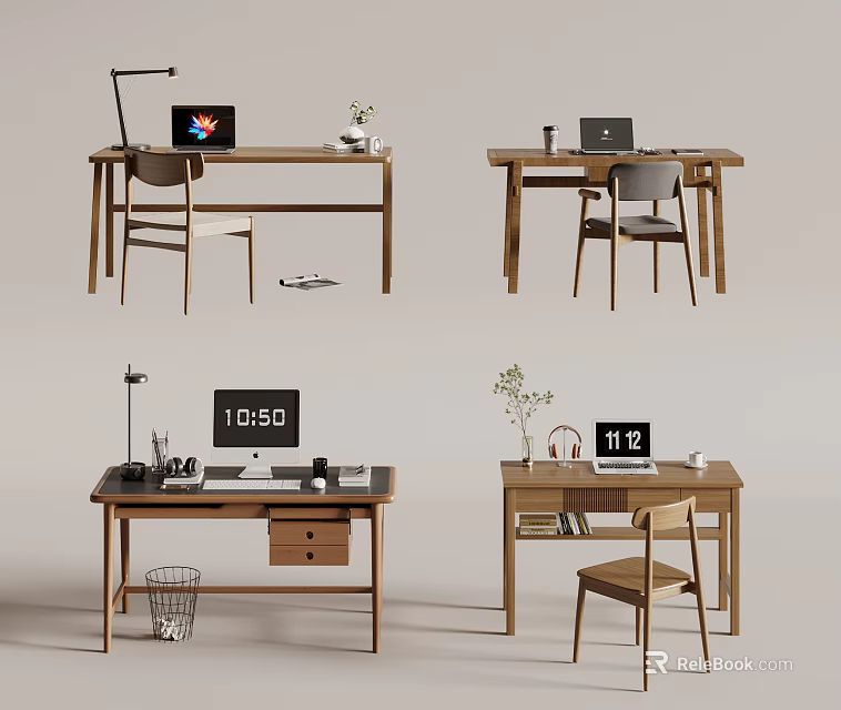 Wooden Desk Setup With Laptop Desk Lamp Clock Stationery And Chair 3d model 