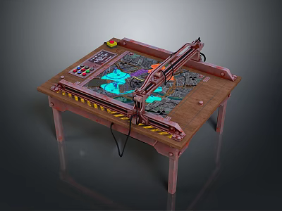 Mechanical Arm Cutting Machine On Wooden Worktable With Control Panel Colorful Pattern And Warning Stripes 3d model